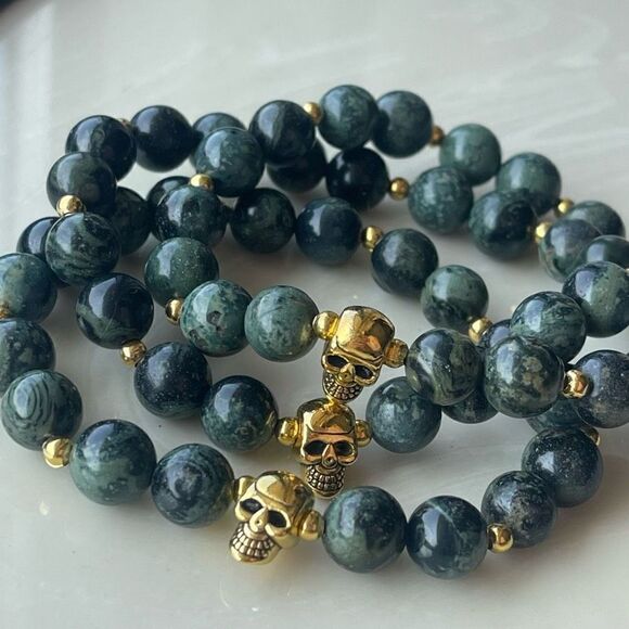 Kambaba skull crystal stone ONE NEW stretch bracelet green black handmade medita - Picture 8 of 9